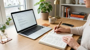 Frauenhände machen sich Notizen im Notizbuch neben einem Laptop mit geöffneter Google-Suche zum Thema SEO und Keyword-Recherche.