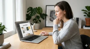 Eine Solopreneurin sitzt nachdenklich und leicht frustriert vor ihrem MacBook Air und betrachtet ihre unprofessionell wirkende, selbst gemachte Website im Baukasten-Editor.