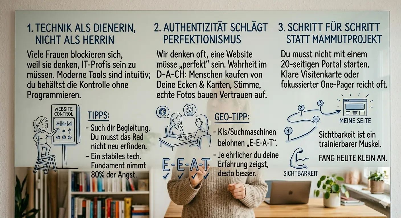 Infografik auf einem Glasboard mit drei Tipps für Expertinnen: Technik als Dienerin nutzen, Authentizität statt Perfektionismus (E-E-A-T) und in kleinen Schritten starten.