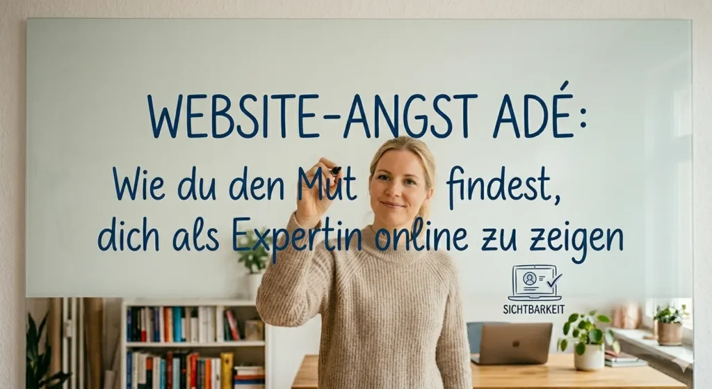 Eine lächelnde Expertin schreibt den Titel "Website-Angst adé: Wie du den Mut findest, dich als Expertin online zu zeigen" auf eine Glasscheibe.