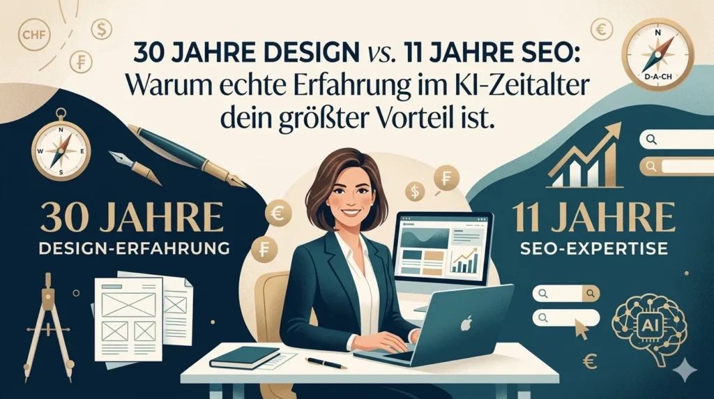Illustratives Titelbild für miss mac Blog: Vertrauenswürdige Expertin visualisiert die Verbindung von 30 Jahren Design-Erfahrung und 11 Jahren SEO-Expertise im KI-Zeitalter für Solopreneurinnen.