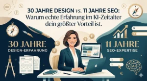 Illustratives Titelbild für miss mac Blog: Vertrauenswürdige Expertin visualisiert die Verbindung von 30 Jahren Design-Erfahrung und 11 Jahren SEO-Expertise im KI-Zeitalter für Solopreneurinnen.