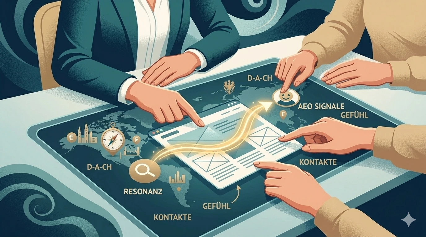 miss mac – Webdesign-Resonanz & AEO-Nutzerführung Nahaufnahme-Illustration: Hände von miss mac Expertin und einer Kundin interagieren mit einem glowing User-Flow auf einem Strategie-Tisch. Text-Tags zeigen 'RESONANZ', 'AEO SIGNALE' und 'GEFÜHL' für nachhaltiges Webdesign.