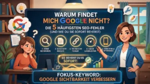 Eine verzweifelte Frau sitzt am Schreibtisch vor einem Monitor, der fallende Rankings nach dem Google Update zeigt, passend zum Thema Warum findet mich Google nicht.