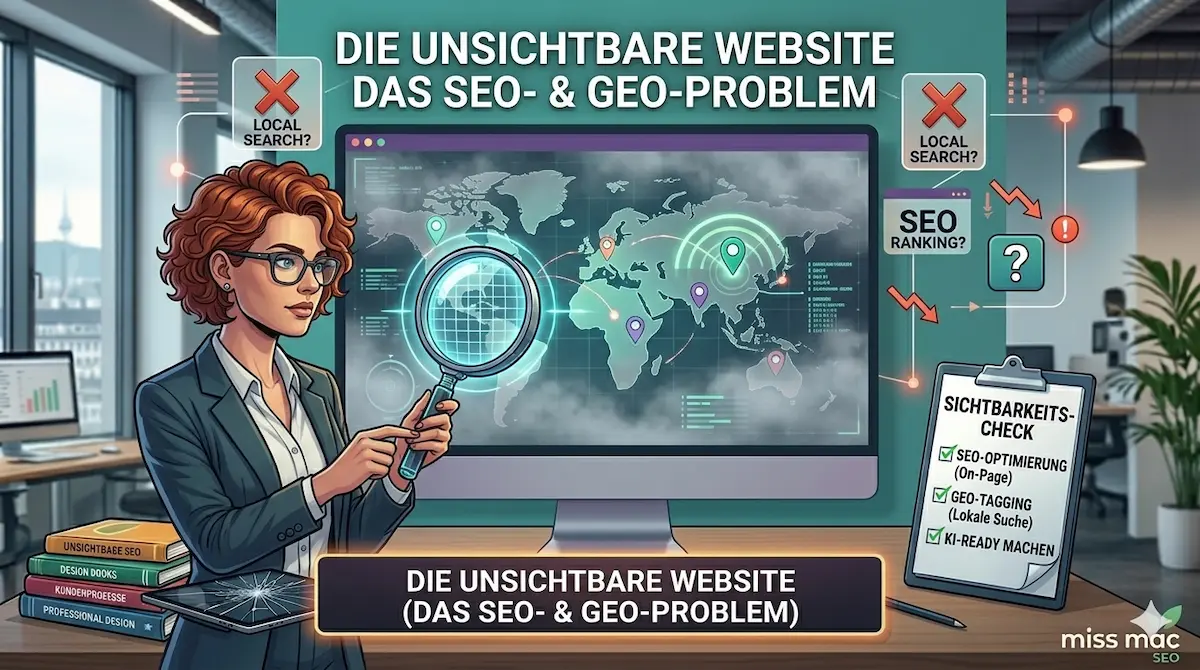 Die unsichtbare Website: SEO und GEO Probleme lösen Eine detaillierte 3D-Illustration einer Unternehmerin mit Lupe, die das SEO- und GEO-Problem einer unsichtbaren Website analysiert, mit Grafiken zu globaler und lokaler Sichtbarkeit.