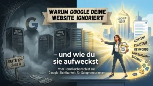 Ein zweigeteiltes Bild zum Thema SEO-Optimierung. Die linke, dunkle Seite zeigt eine staubige Höhle mit Spinnweben, alten Servern beschriftet mit „Meine Website“, herumliegenden Dokumenten mit „Dead Pages“ und einem Holzschild „Seite 12+ (Seite 1)“. Die rechte, helle Seite zeigt eine selbstbewusste Solopreneurin im Hosenanzug, die einen goldenen „SEO Wecker“ hält, der Lichtstrahlen aussendet. Im Hintergrund strahlt ein Wolkenkratzer mit der Aufschrift „Google Index“. Daneben fliegen die Begriffe „Content Strategie“, „Keywords“, „Linkbuilding“ und „Sitemap“. Die große Überschrift lautet: „Warum Google deine Website ignoriert – und wie du sie aufweckst“.