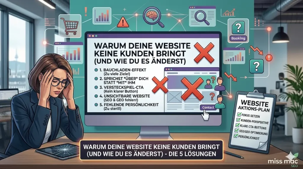 Eine stilisierte Grafik im Paper-Cutout-Stil, die eine einsame Website auf einer Insel im Meer zeigt, passend zum Thema Kundengewinnung für Unternehmerinnen.