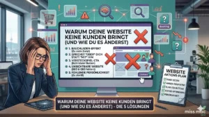 Eine stilisierte Grafik im Paper-Cutout-Stil, die eine einsame Website auf einer Insel im Meer zeigt, passend zum Thema Kundengewinnung für Unternehmerinnen.