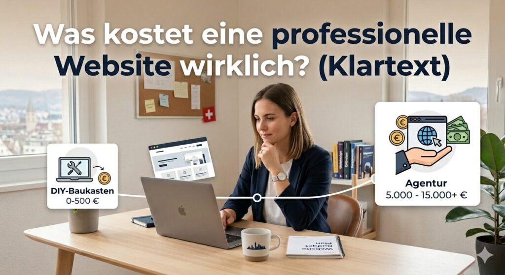 Eine junge Frau sitzt nachdenklich an einem hellen Holzschreibtisch und arbeitet an einem Laptop. Große weiße Überschrift im oberen Bereich: „Was kostet eine professionelle Website wirklich? (Klartext)“. Links schwebt eine Infobox „DIY-Baukasten 0-500 €“ mit Laptop-Icon, rechts eine Infobox „Agentur 5.000 - 15.000+ €“ mit Euro-Münzen und Geldscheinen. Im Hintergrund ist ein Pinnboard mit einer kleinen Schweizer Flagge und ein Fenster mit Blick auf eine Stadt zu sehen.