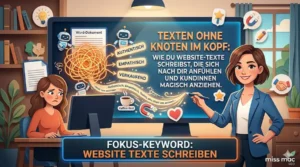 Eine selbstständige Frau sitzt lächelnd am Schreibtisch vor einem Laptop, während sich der Knoten im Kopf beim Website Texte schreiben löst, im modernen Paper-Cutout-Stil.