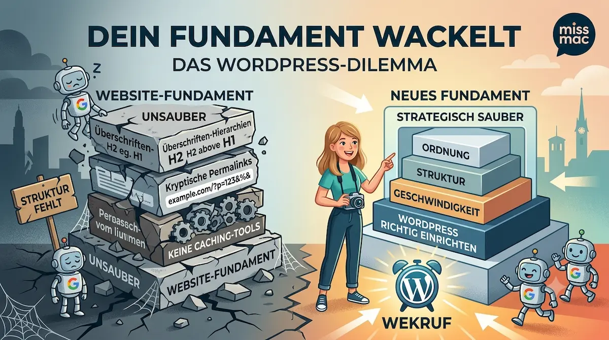 Eine Infografik, die ein unsauberes Website-Fundament (mit Fehlern wie kryptischen Permalinks und fehlenden Caching-Tools) mit einem strategisch sauberen WordPress-Fundament vergleicht, das auf Ordnung, Struktur und Geschwindigkeit basiert.
