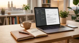 Ein heller, gemütlicher Arbeitsplatz mit einem Laptop, einer Tasse Kaffee und einem aufgeschlagenen Notizbuch mit Skizzen, der die Verbindung von Technik und persönlicher Authentizität symbolisiert.
