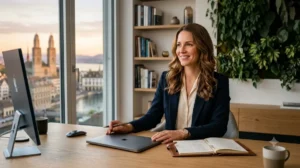 Erfolgreiche Solopreneurin im Büro bereit für den EU AI Act.