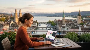 Webdesign in Zürich für Solopreneurinnen – Frau arbeitet am Laptop mit Blick auf die Altstadt.