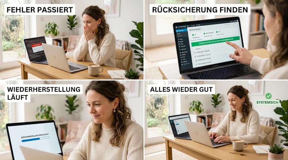 WordPress Backup & Website-Wiederherstellung Schritt für Schritt 4-Schritte-Anleitung als Bild: Wie eine Selbstständige dank eines WordPress-Backups ihre Website nach einem Fehler einfach wiederherstellt.