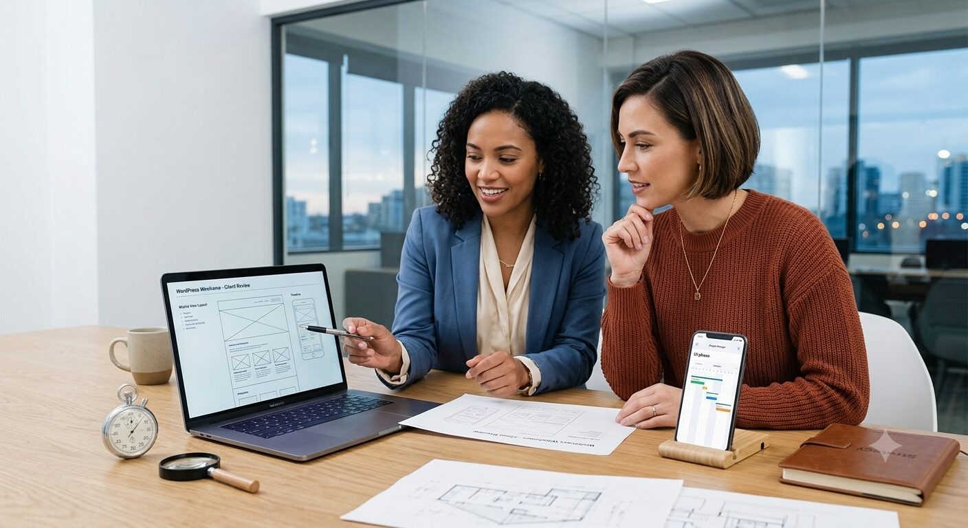 Laufende WordPress-Kosten transparent erklärt Zwei Unternehmerinnen besprechen an einem Bürotisch die technische und finanzielle Planung einer Website anhand eines Laptops, ausgedruckter Wireframes und eines Smartphones für mobile Ansichten.