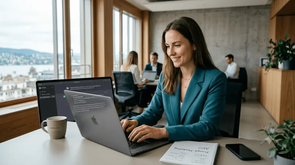 Unternehmerin am Laptop im Büro analysiert Strategien für GEO, AEO und Prompt-Marketing, um in ChatGPT empfohlen zu werden.