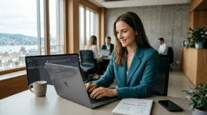 Unternehmerin am Laptop im Büro analysiert Strategien für GEO, AEO und Prompt-Marketing, um in ChatGPT empfohlen zu werden.