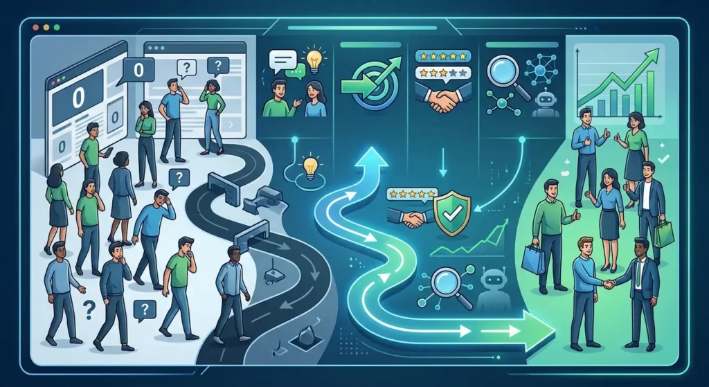Infografik zur Conversion-Optimierung: Transformation einer Website ohne Anfragen hin zu vertrauensvoller Kundengewinnung und steigenden Erfolgen.